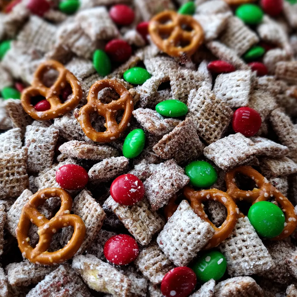 Vibrant close-up of festive Christmas Puppy Chow with Chex cereal, pretzels, and red and green M&M's, generously coated in powdered sugar.