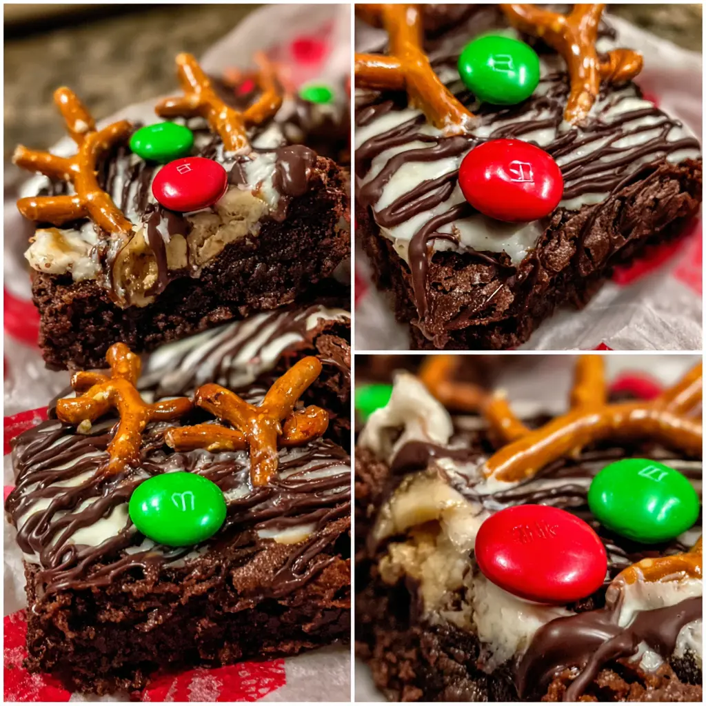 A four-panel collage showcasing deliciously decorated, festive Easy Rudolph Brownies with pretzel antlers and M&M noses.