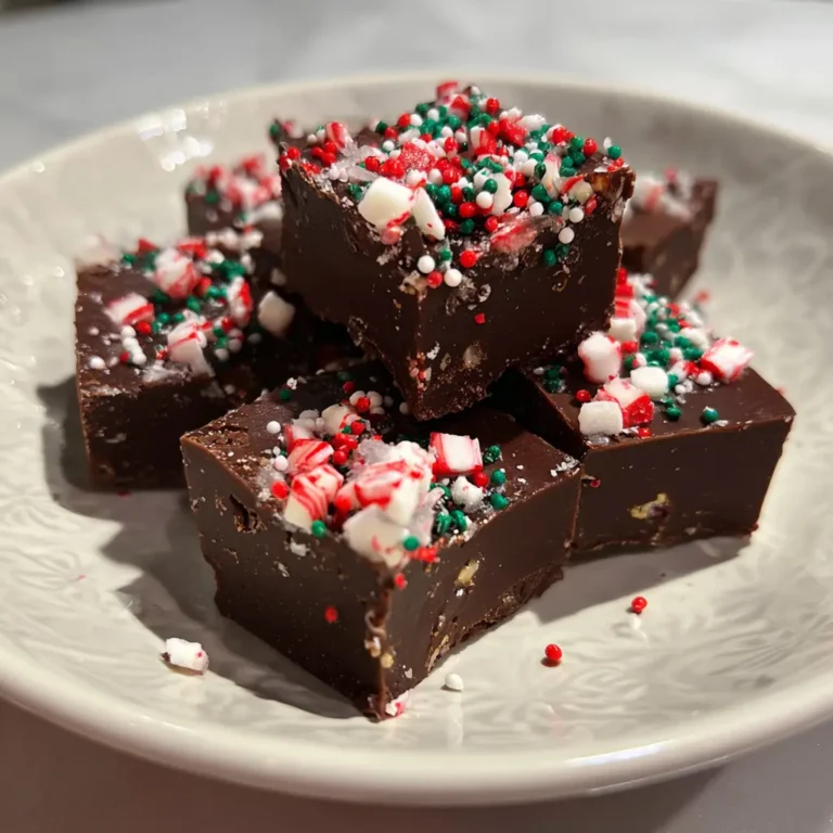 Delicious dark chocolate christmas fudge recipe squares with festive candy cane and sprinkle toppings on a patterned plate.