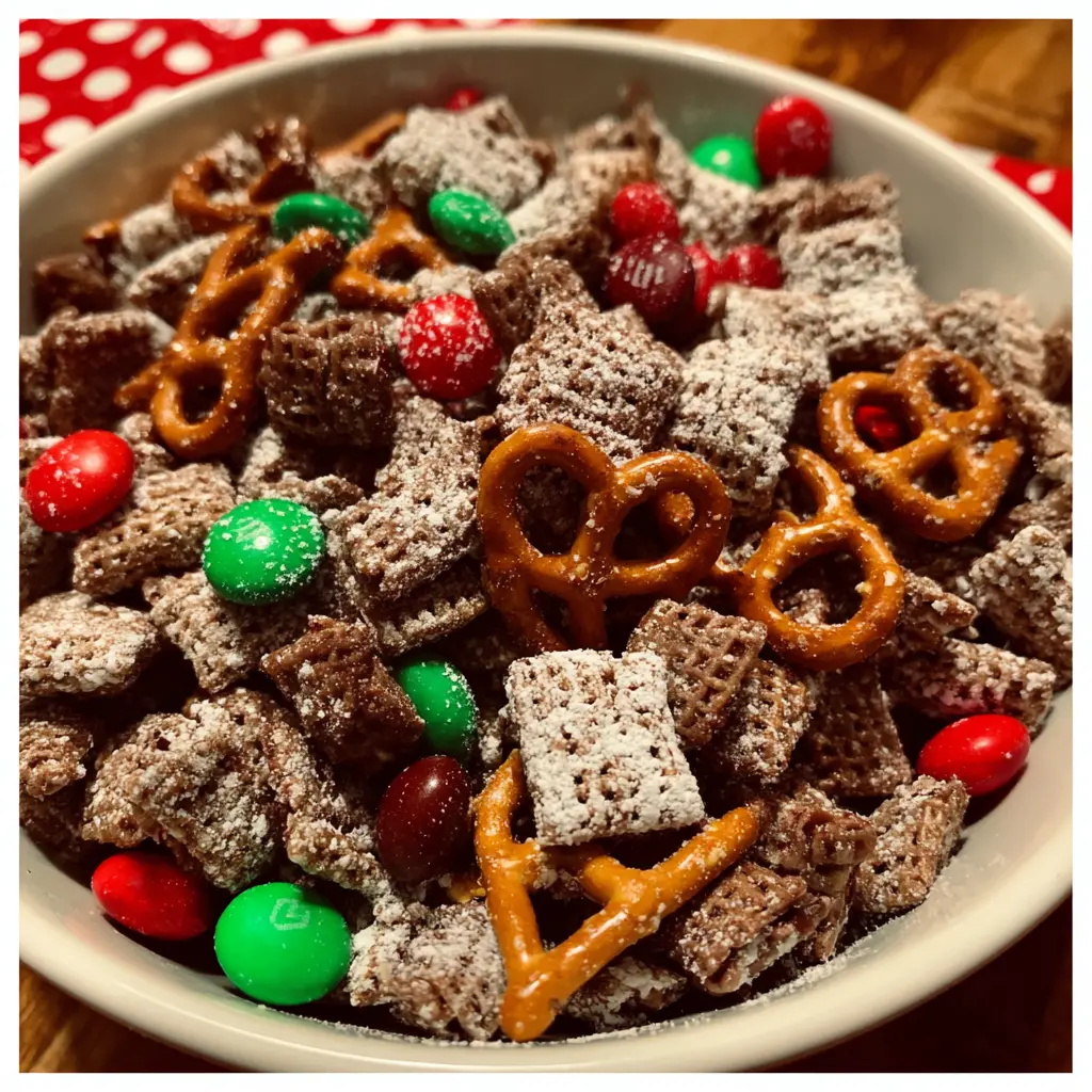 Festive bowl of powdered sugar-dusted Reindeer Chow with chocolate cereal, pretzels, and colorful M&Ms.