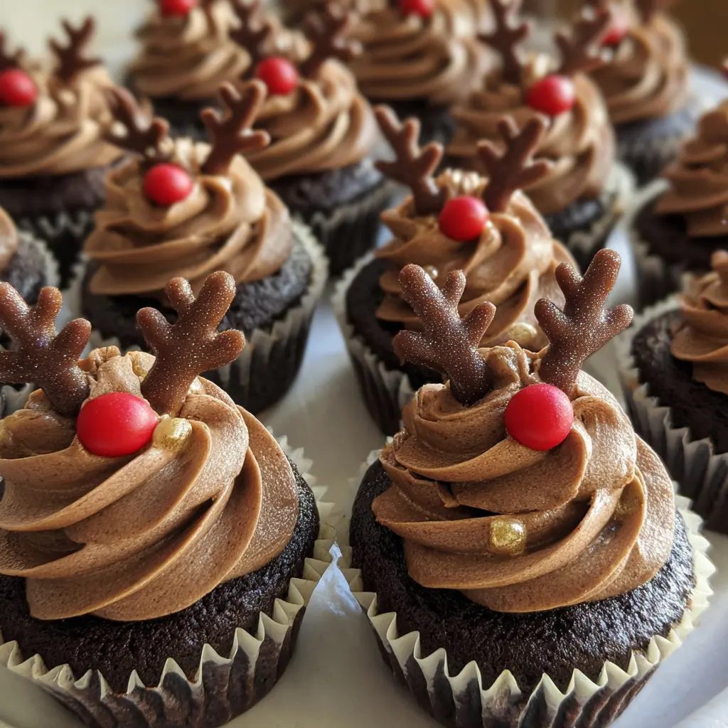 A close-up of numerous festive chocolate Reindeer Cupcakes with red noses, chocolate antlers, and gold sprinkles, arranged in neat rows.