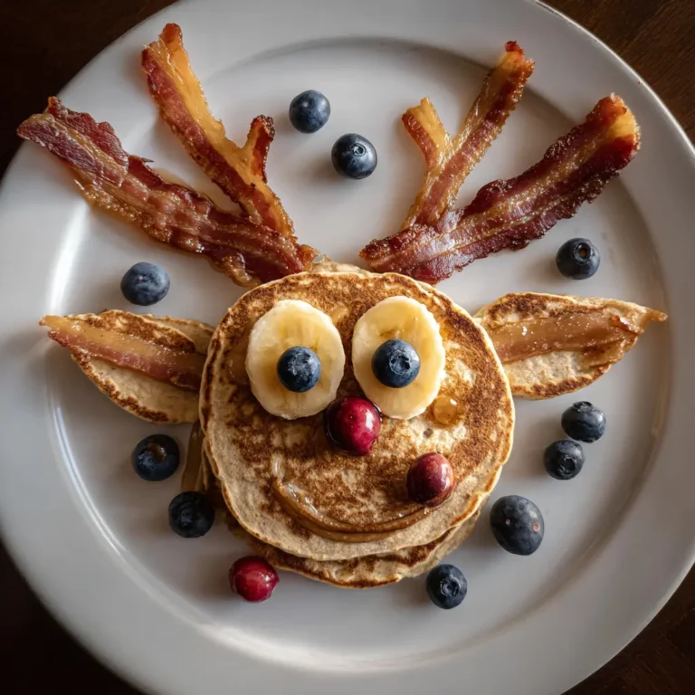 Delicious Reindeer Pancakes with bacon antlers and blueberry eyes on a white plate.