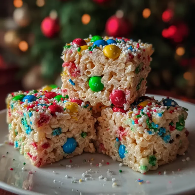 Delightful Christmas Rice Krispie Treats adorned with red and green M&M's and festive sprinkles on a white plate with a blurred Christmas tree background.