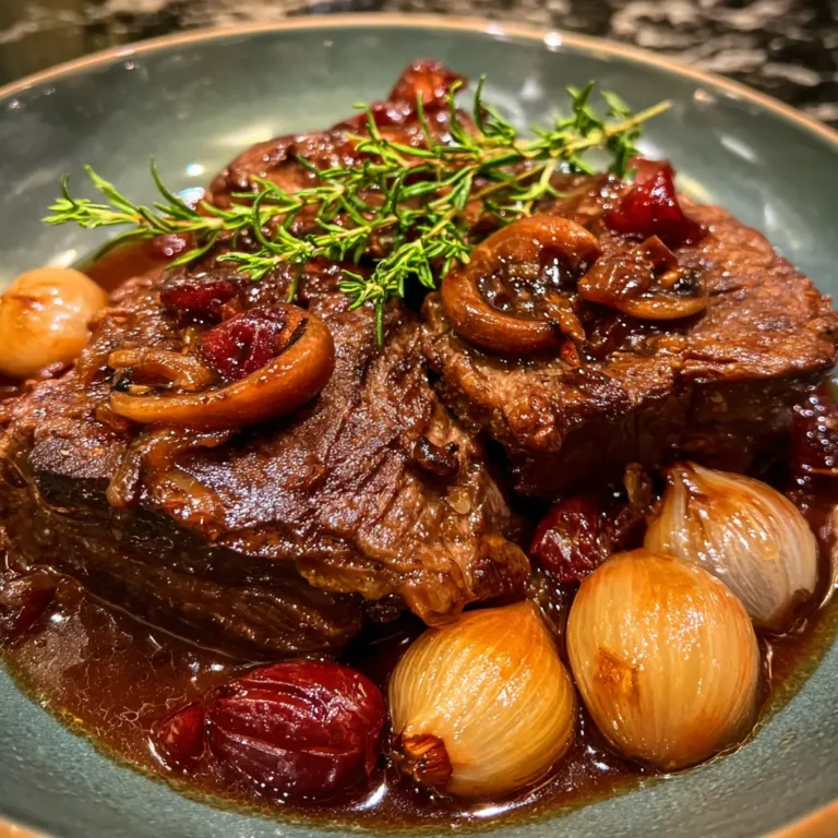 Close-up of a rich Braised Christmas Beef Roast Recipe in a sage green ceramic bowl, garnished with herbs.