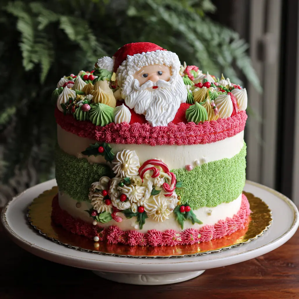 A detailed Christmas Santa Cake with a Santa Claus figure, intricate green textures, candy canes, and festive piping on a white cake stand.