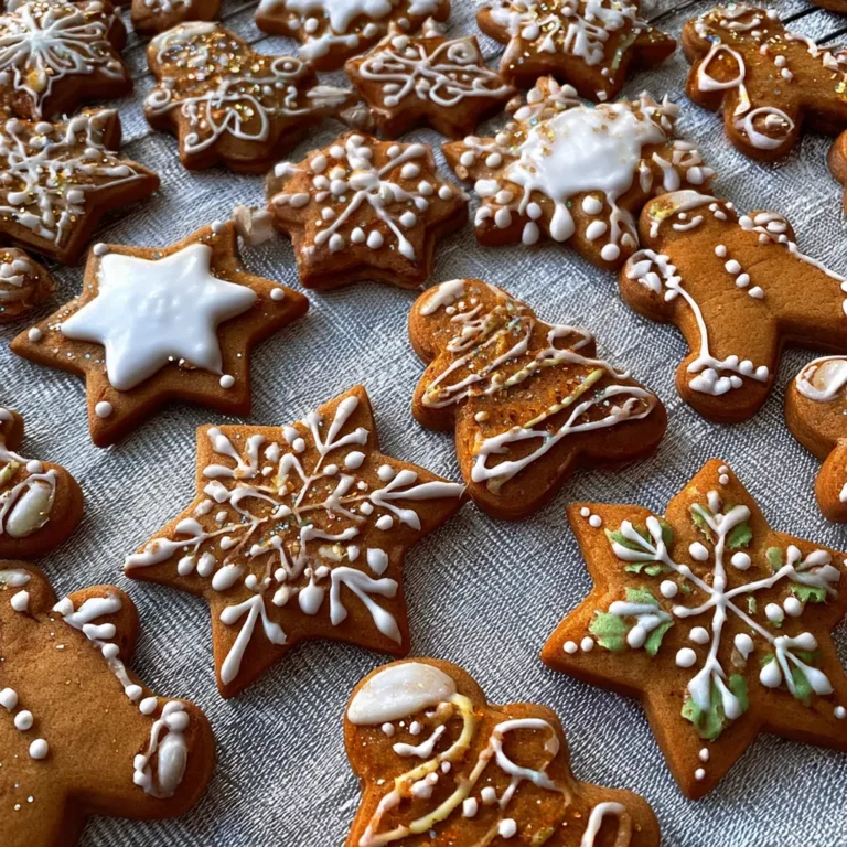 Beautifully decorated homemade Christmas gingerbread cookies, including stars and gingerbread men, made from a delightful christmas gingerbread cookie recipe.