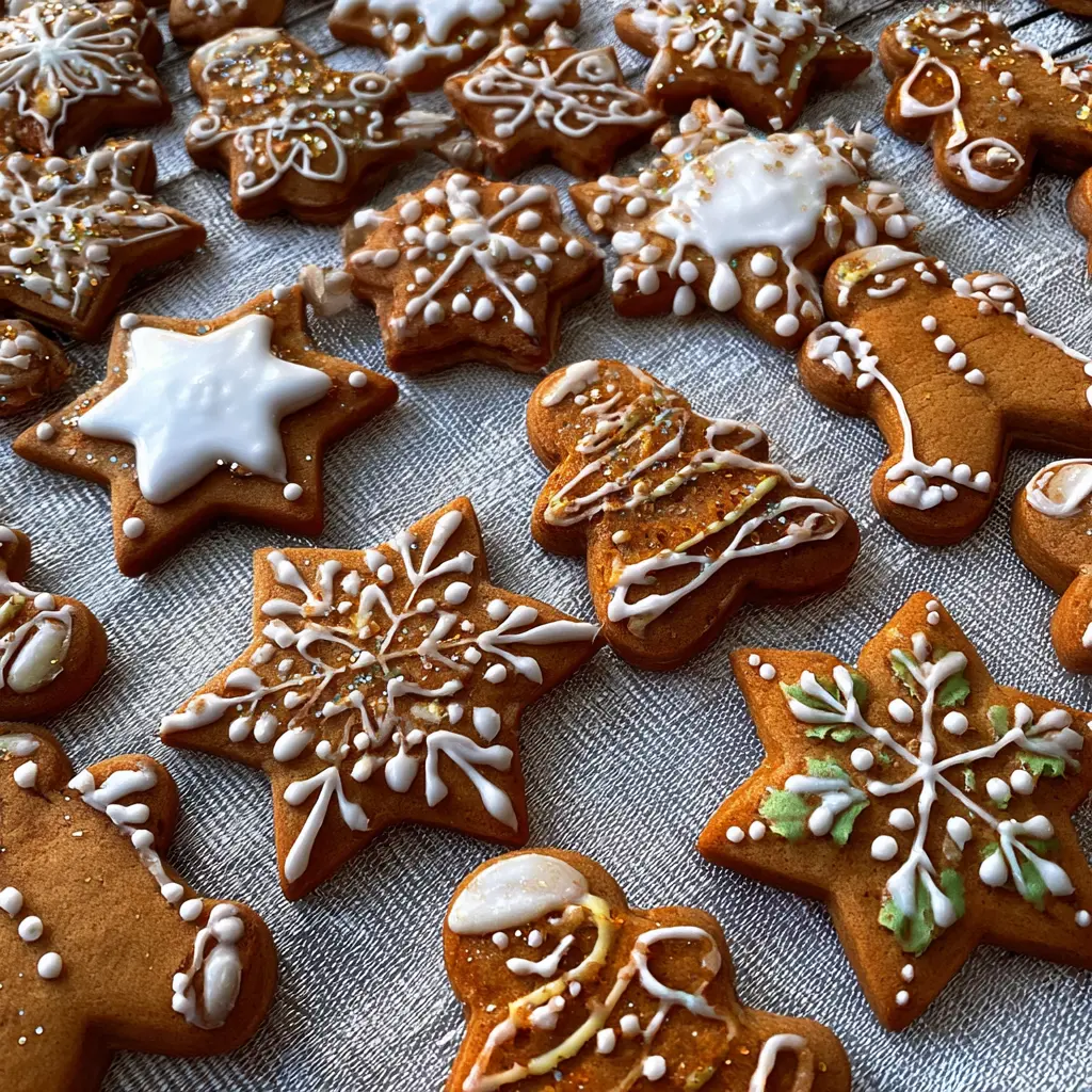 Beautifully decorated homemade Christmas gingerbread cookies, including stars and gingerbread men, made from a delightful christmas gingerbread cookie recipe.