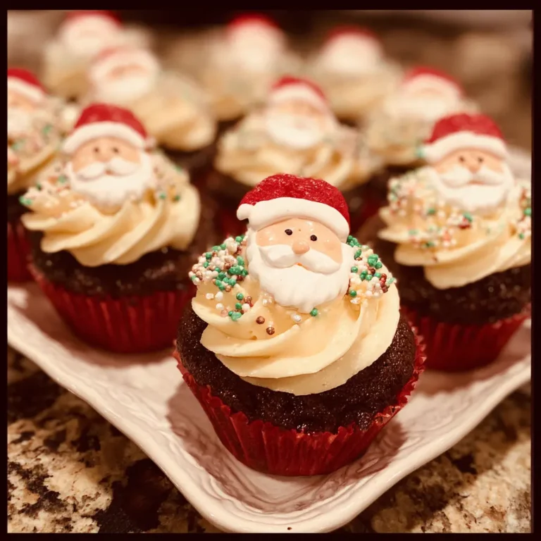 A close-up of festive dark chocolate Santa cupcakes with creamy frosting and charming Santa toppers on a white platter.