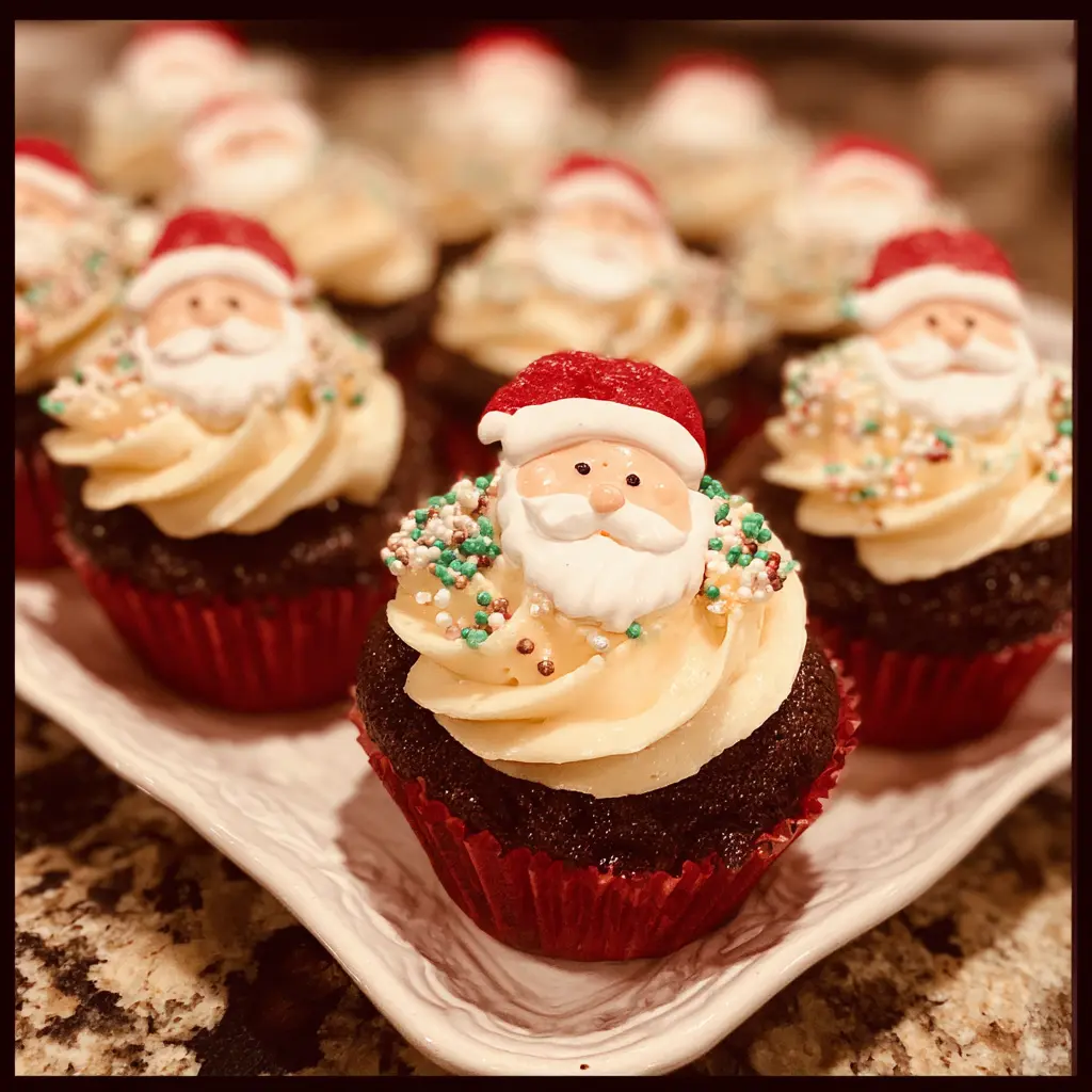 A close-up of festive dark chocolate Santa cupcakes with creamy frosting and charming Santa toppers on a white platter.