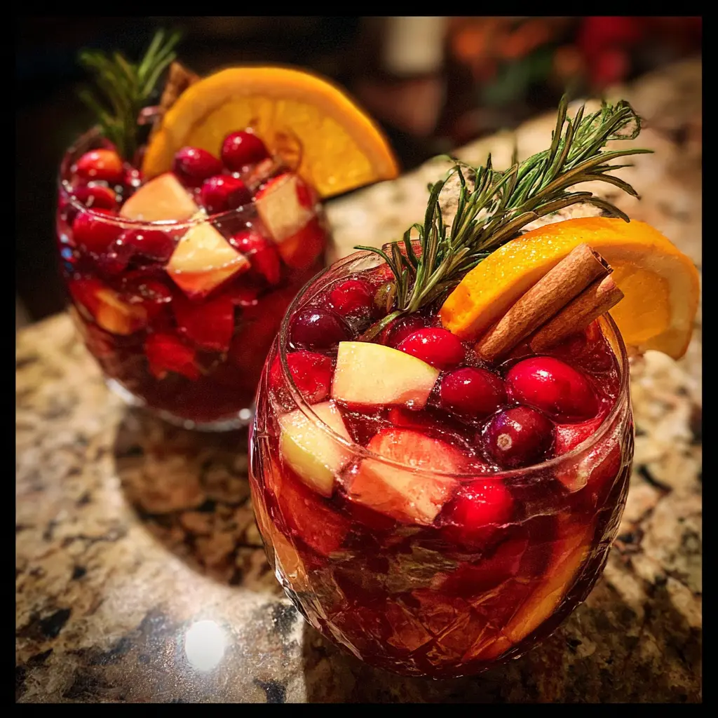 Two glasses of festive Christmas Sangria, garnished with orange, rosemary, and cinnamon, on a granite countertop.