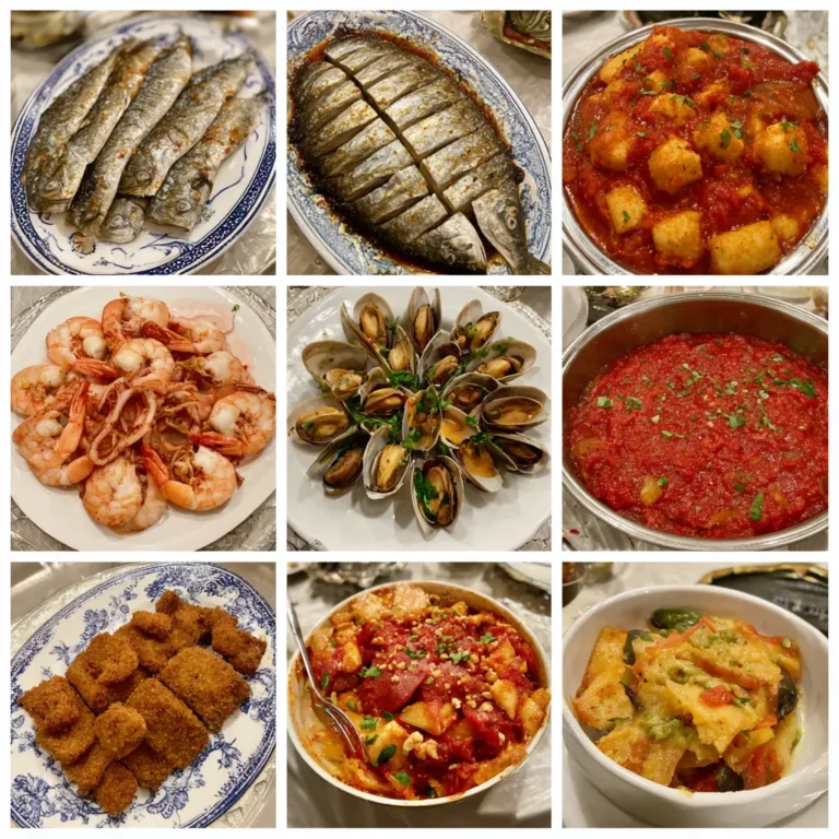 A vibrant display of nine diverse seafood dishes, including whole fried fish, shrimp, calamari, and clams, perfect for a Feast of the Seven Fishes Recipe.