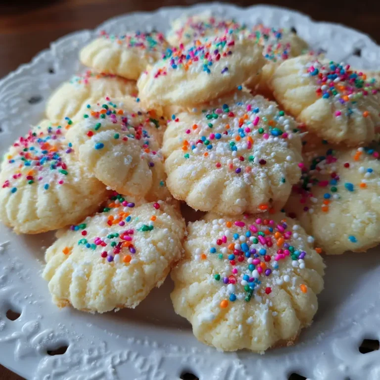 A close-up of a generous pile of colorful, sprinkle-covered Whipped Shortbread Cookies on a decorative white plate.