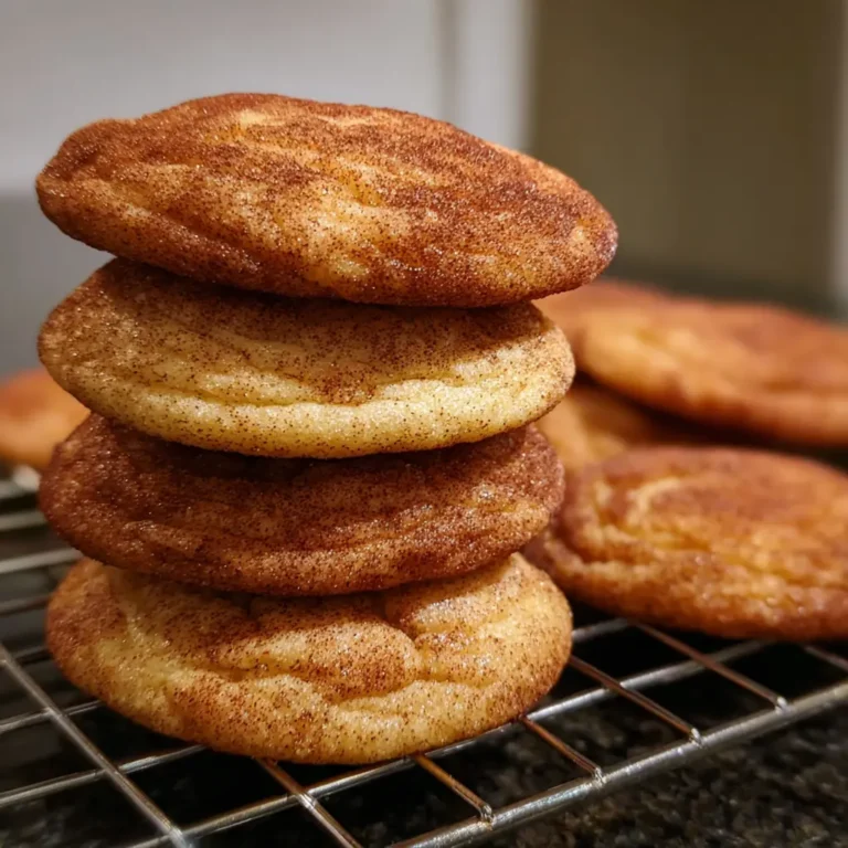 A warm, close-up shot of a stack of four freshly baked snickerdoodle cookies, perfectly coated with cinnamon sugar, showcasing The Best Snickerdoodle Cookie Recipe.