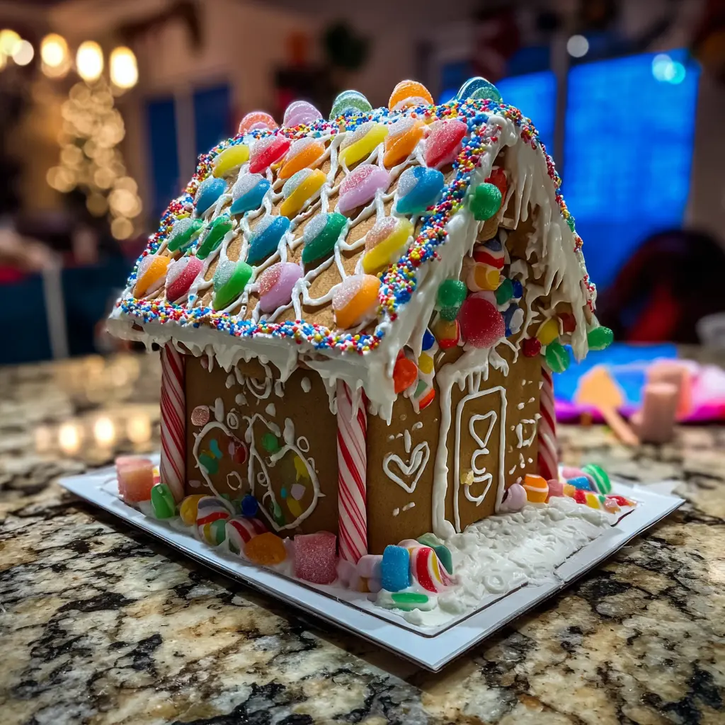 Intricately decorated Christmas gingerbread house with vibrant candies and icing "snow," perfect for a festive Christmas gingerbread house recipe.
