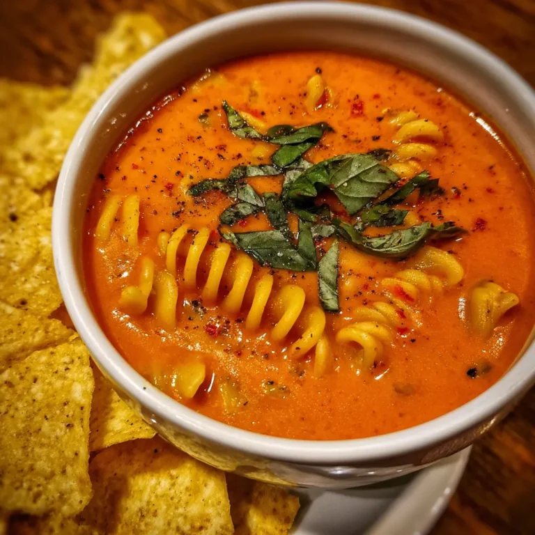 Creamy tomato Christmas soup with fusilli pasta, fresh basil, and crispy golden tortilla chips in a white bowl.