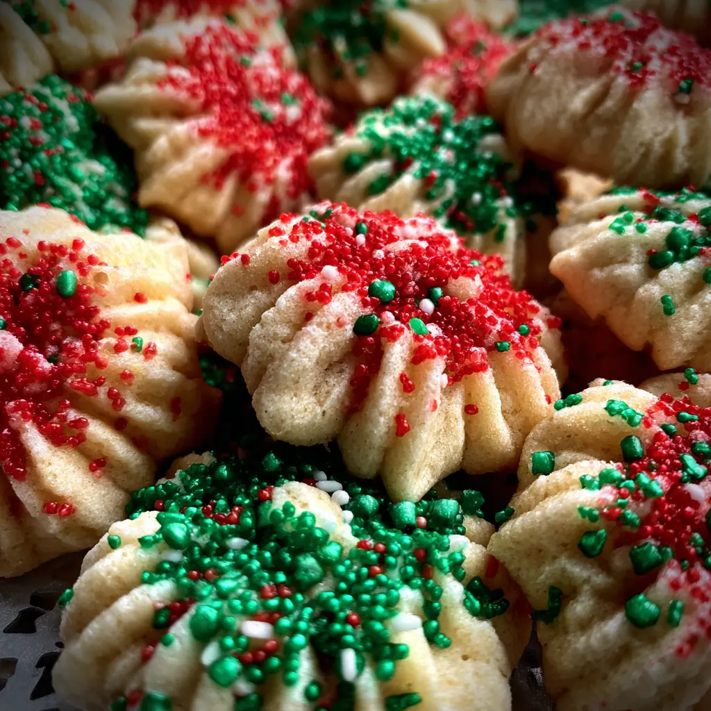 A close-up of vibrant, holiday-themed star-shaped cookies, generously adorned with red, green, and white sprinkles, showcasing the delightful patterns of this Buttery Spritz Cookies Recipe.