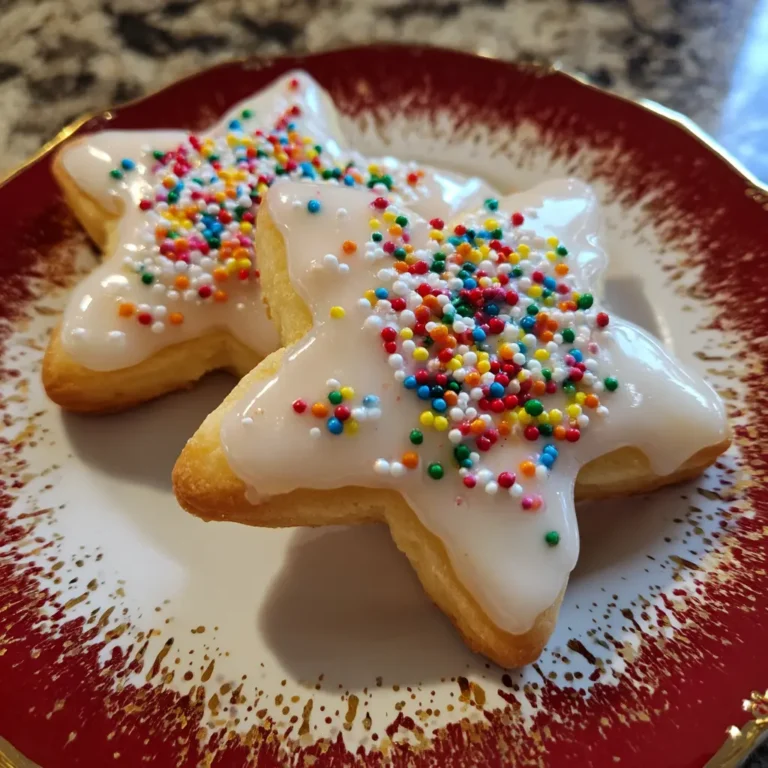 Two festive Christmas Star Cookies with white icing and colorful sprinkles on a decorative red and gold plate.