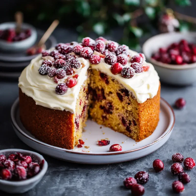 A beautiful Christmas cranberry cake, sliced to reveal its moist interior, adorned with creamy frosting and sparkling sugared cranberries, a perfect treat from this christmas cranberry cake recipe.