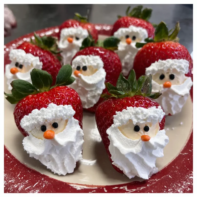Close-up of delightful Strawberry Santas arranged on a festive plate, featuring whipped cream beards and candy details.