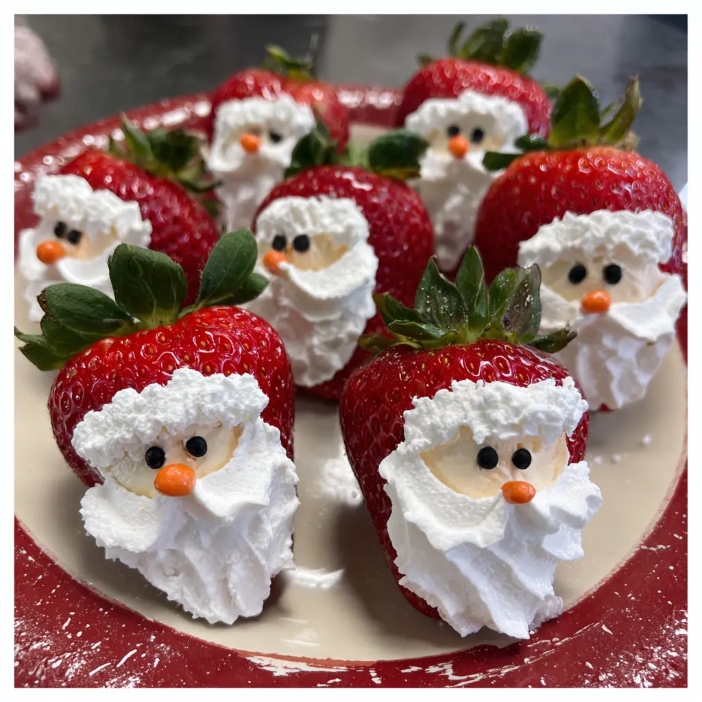 Close-up of delightful Strawberry Santas arranged on a festive plate, featuring whipped cream beards and candy details.