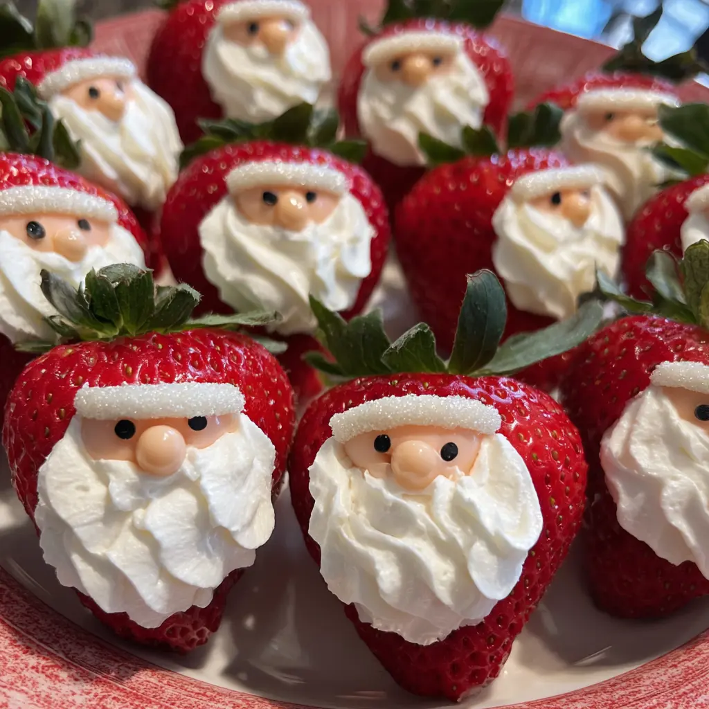 Close-up of delightful Strawberry Santas with whipped cream beards on a festive plate, perfect for holiday treats.