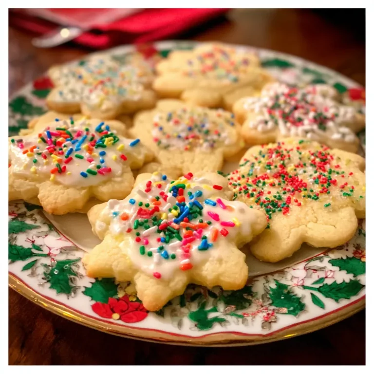 A festive plate of beautifully decorated Christmas sugar cookies with colorful sprinkles and easy icing, ready to be enjoyed.