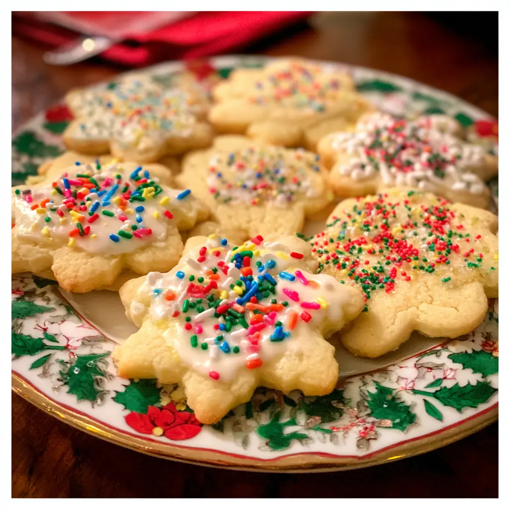 A festive plate of beautifully decorated Christmas sugar cookies with colorful sprinkles and easy icing, ready to be enjoyed.
