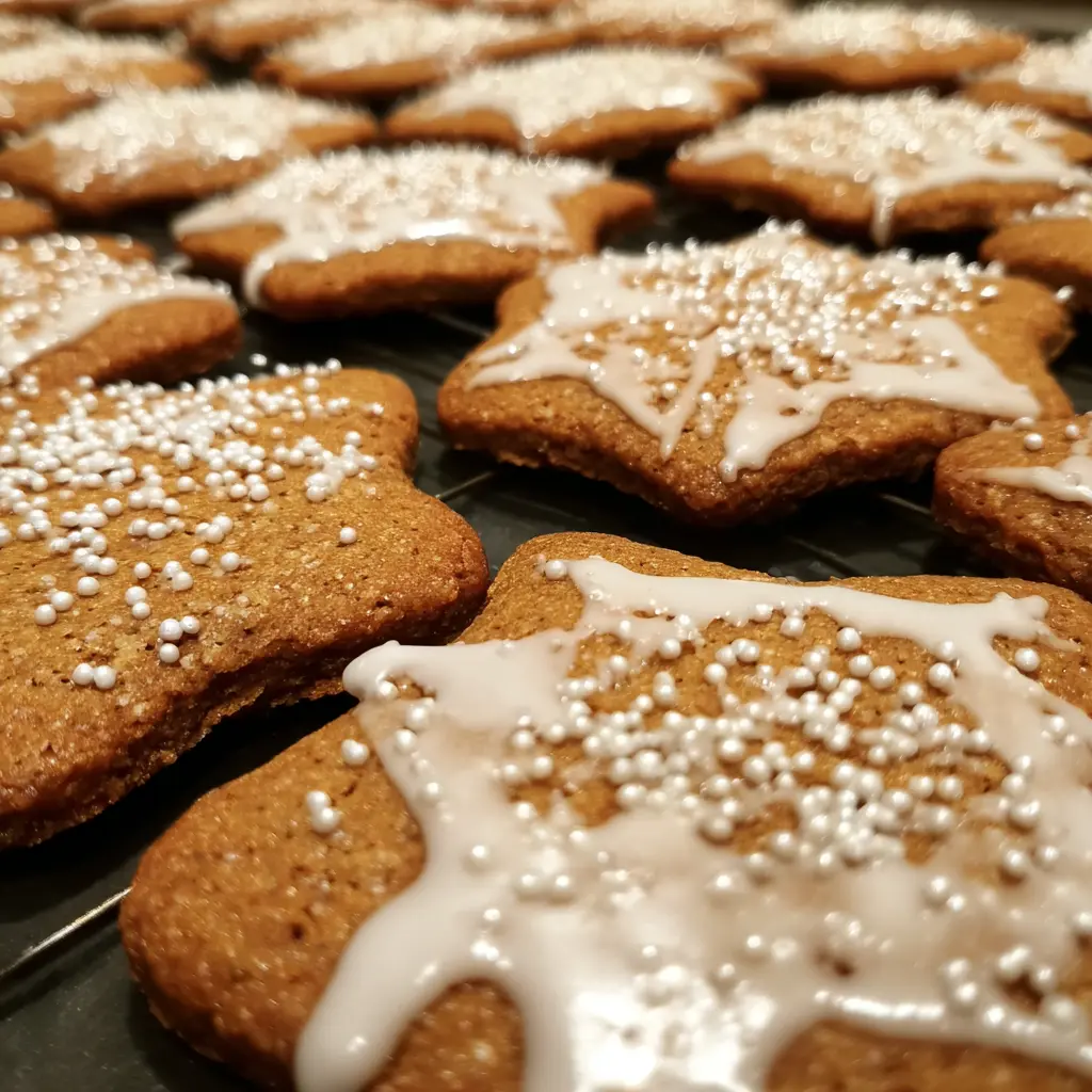 Close-up of freshly baked and decorated Swedish Gingerbread Cookies (Pepparkakor) with white icing and sprinkles on a cooling rack.