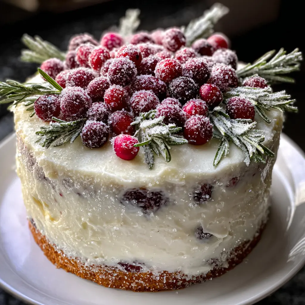 A beautifully decorated multi-layered White Christmas Sparkle Cake adorned with sugared cranberries and frosted rosemary, highlighting its festive, rustic white frosting.