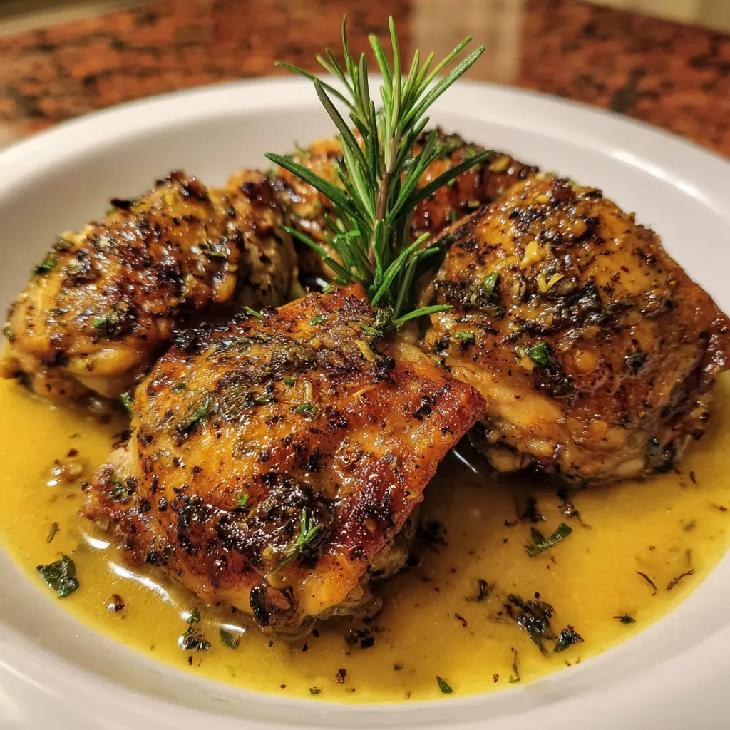 Close-up of golden-brown Keto Garlic Butter Chicken Thighs garnished with fresh rosemary in a rich, golden sauce.