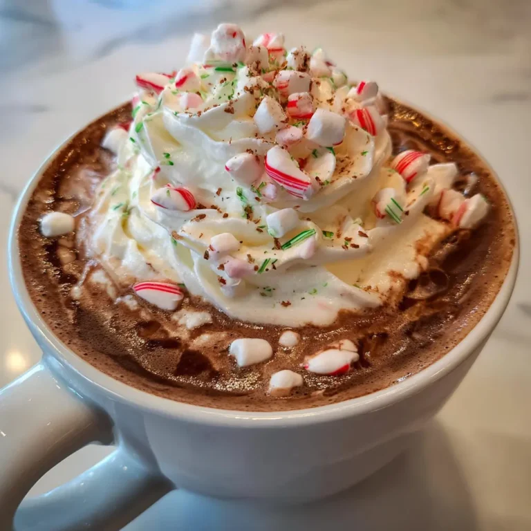 A close-up of a festive Christmas hot chocolate recipe in a white mug, overflowing with whipped cream, crushed candy canes, mini marshmallows, and sprinkles, set on a blurred light background.