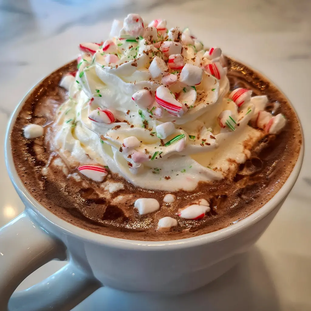 A close-up of a festive Christmas hot chocolate recipe in a white mug, overflowing with whipped cream, crushed candy canes, mini marshmallows, and sprinkles, set on a blurred light background.