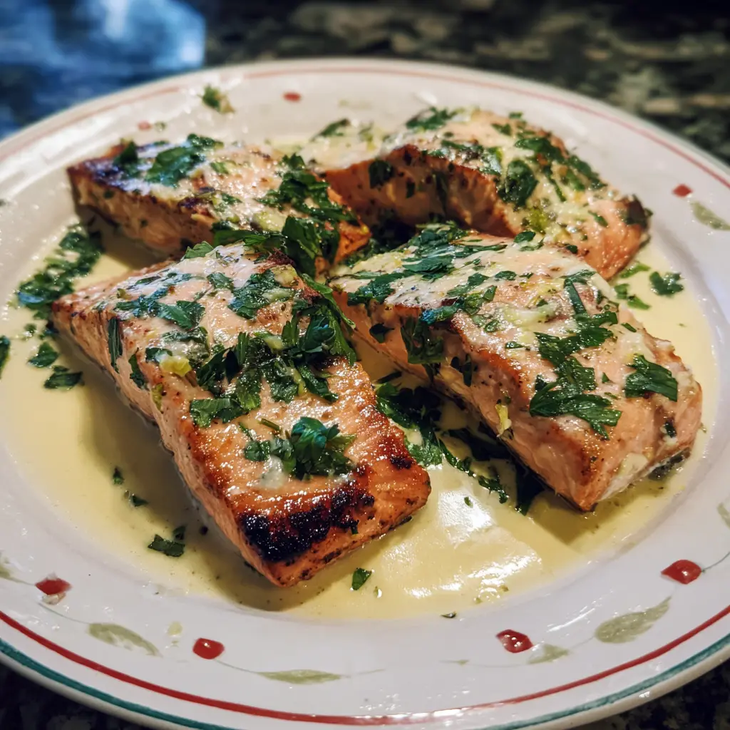 Close-up of four perfectly seared Keto Salmon with Lemon Herb Butter fillets, garnished with fresh herbs on a decorative plate.