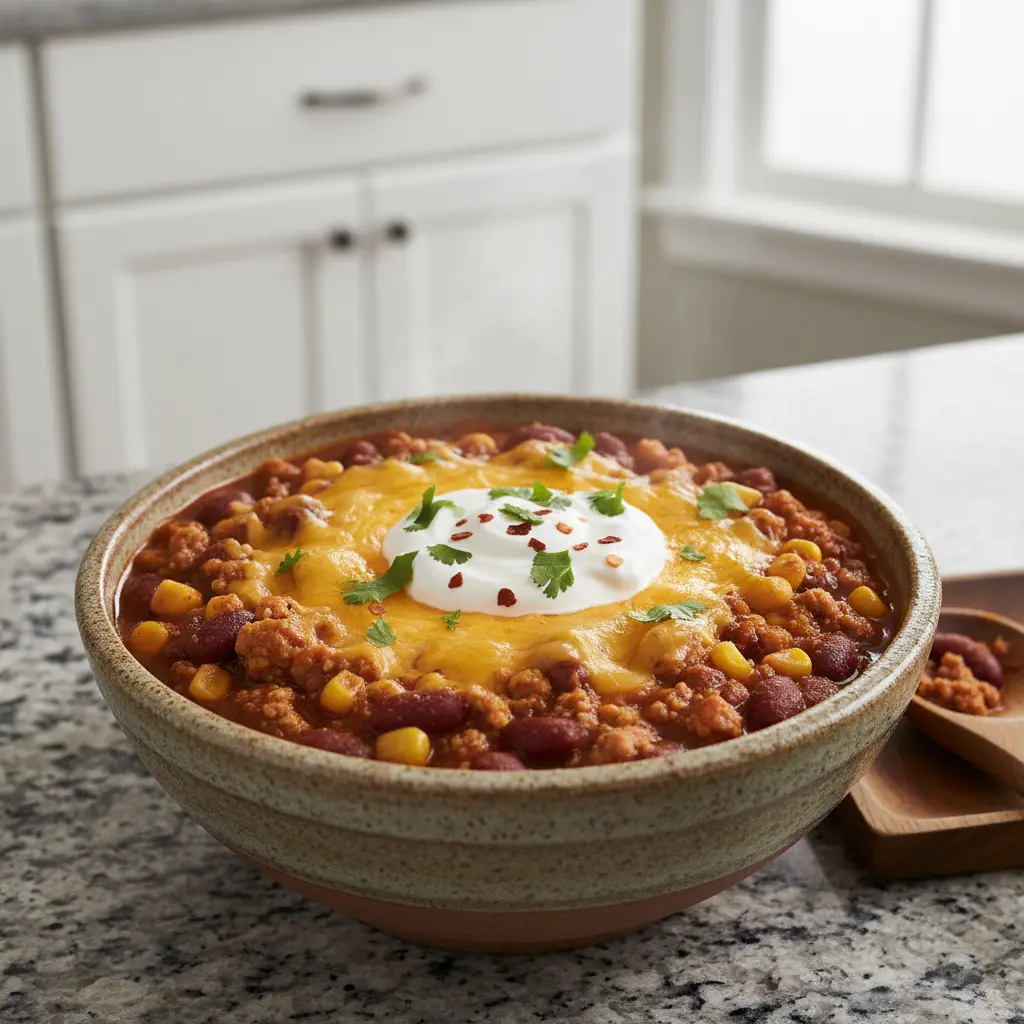 Mouth-watering bowl of High-Protein Turkey Chili topped with melted cheese, sour cream, and cilantro on a kitchen countertop.