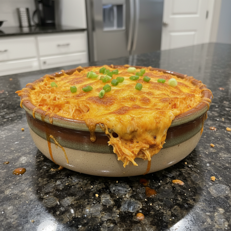 Creamy, bubbly buffalo chicken dip in a baking dish, garnished with fresh chives and served with celery sticks.