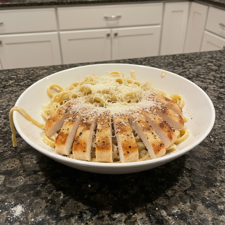 Creamy chicken alfredo with fettuccine pasta, tender chicken breast, and fresh parsley garnish on a white plate.