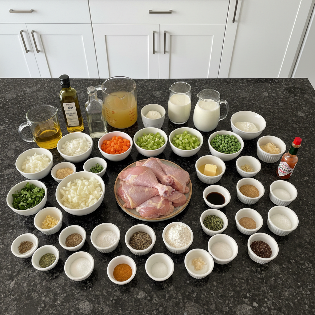 Fresh ingredients for a chicken and dumplings recipe, including chicken breast, flour, herbs, and vegetables laid out.