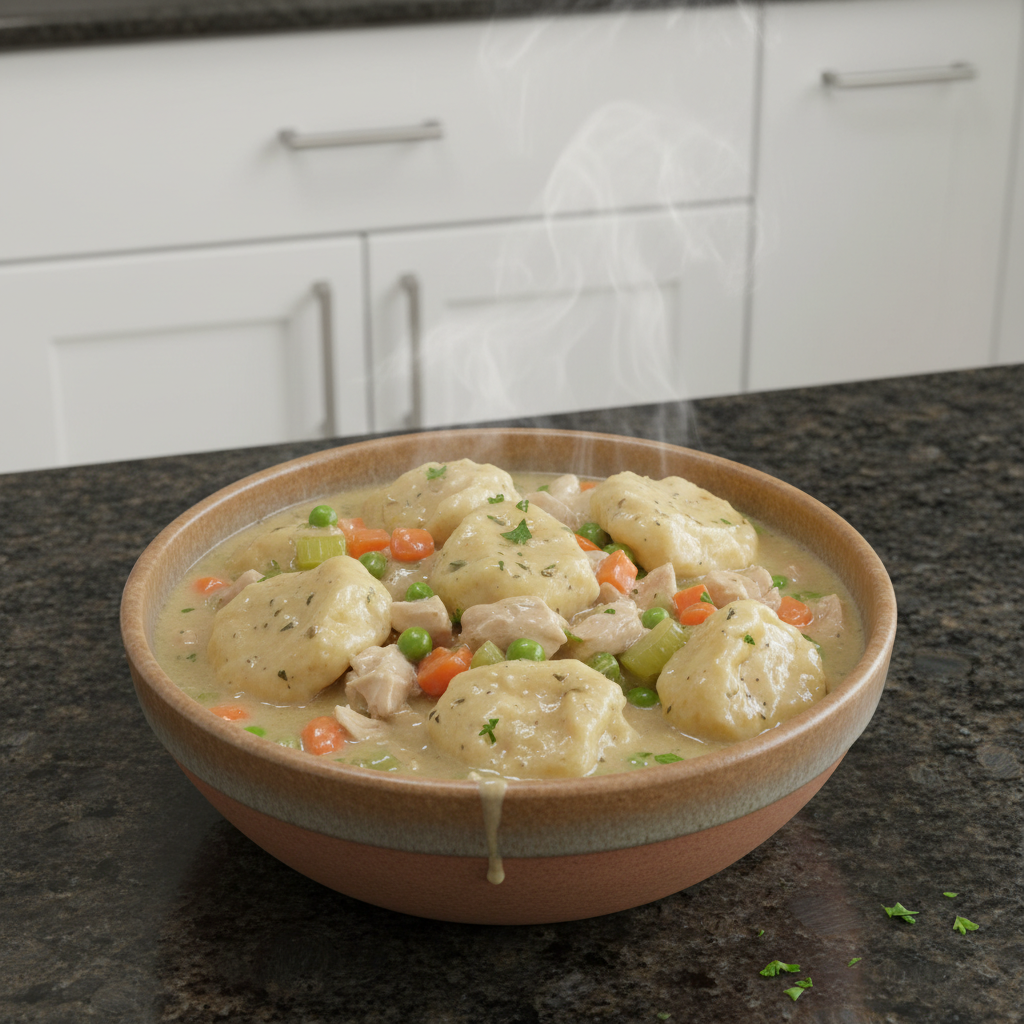 A comforting bowl of homemade chicken and dumplings recipe, garnished with fresh parsley, steaming hot and ready to enjoy.