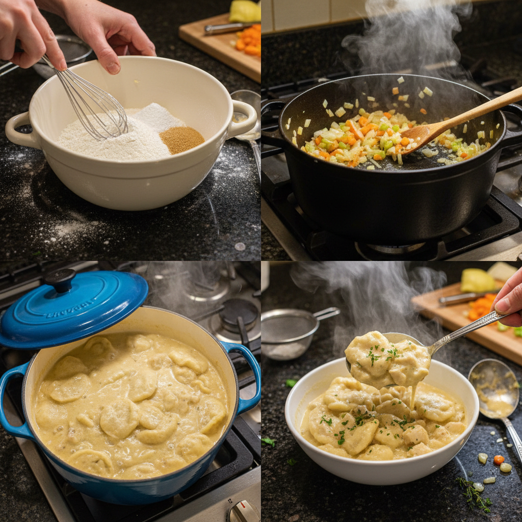 Hands dropping fluffy dough into a simmering pot, a key step in making this chicken and dumplings recipe.