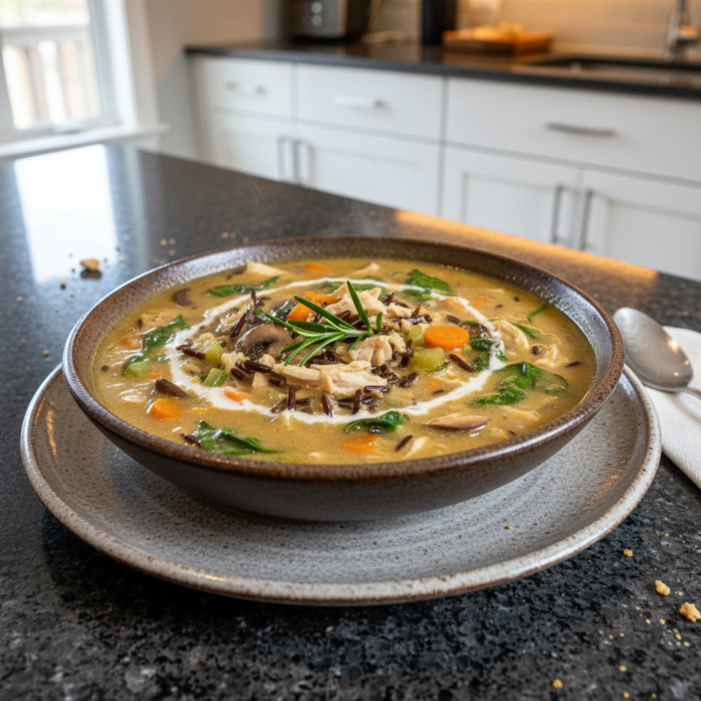 A creamy, hearty bowl of chicken and wild rice soup, garnished with fresh parsley, ready to be enjoyed.