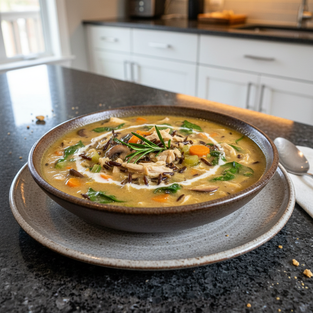 A creamy, hearty bowl of chicken and wild rice soup, garnished with fresh parsley, ready to be enjoyed.
