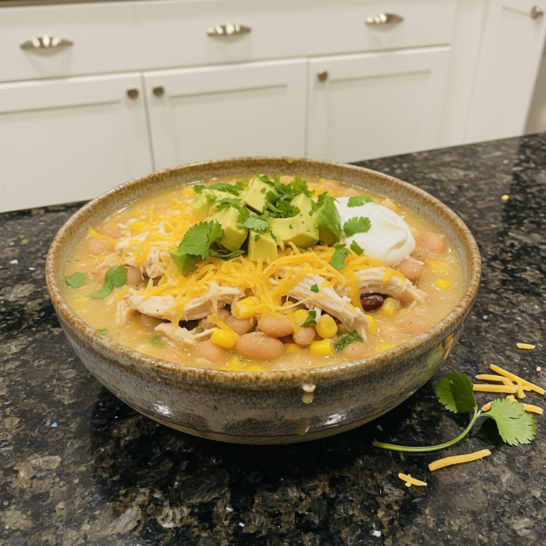 A hearty bowl of chicken chili, garnished with fresh cilantro and a dollop of sour cream, ready to enjoy.