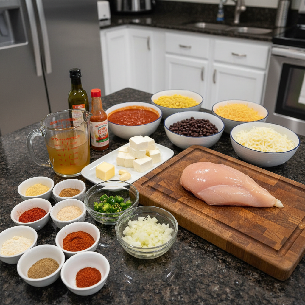 Fresh ingredients for chicken enchilada soup, including shredded chicken, corn, black beans, broth, and spices, laid out on a wooden board.