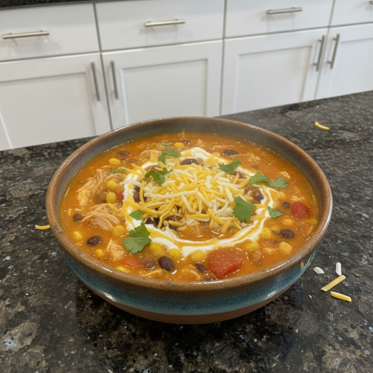 A steaming bowl of creamy chicken enchilada soup, garnished with fresh cilantro and a dollop of sour cream.