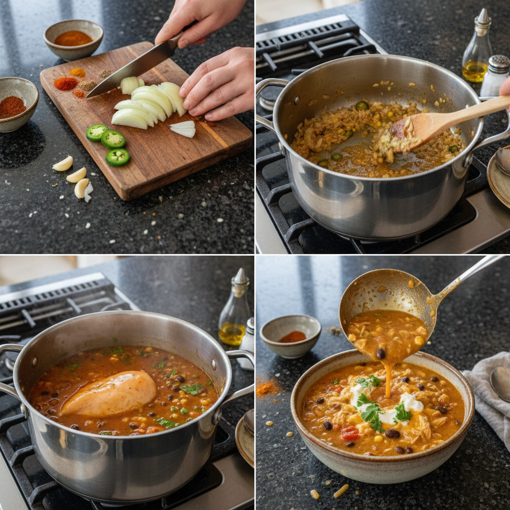 A close-up of shredded chicken, corn, and black beans simmering in a rich, red enchilada sauce for chicken enchilada soup.