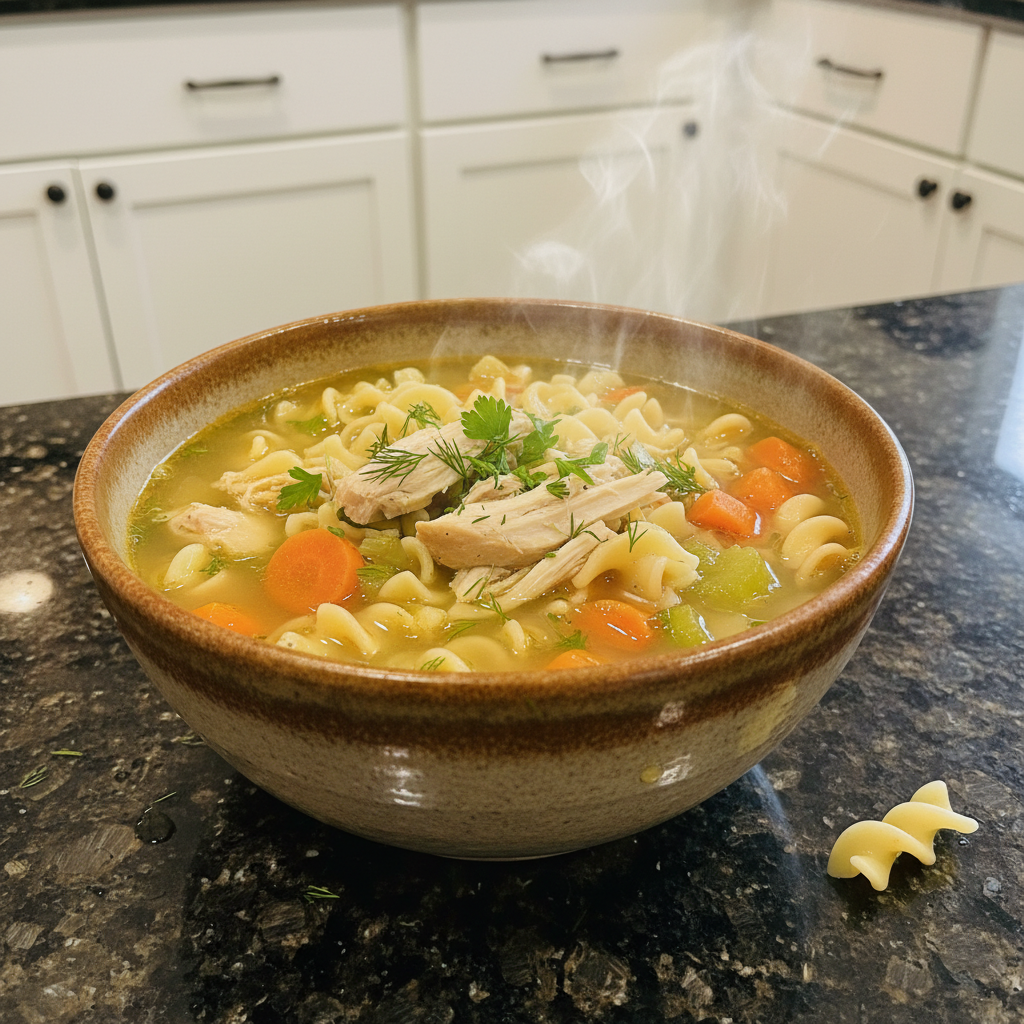 A comforting bowl of steaming chicken noodle soup recipe with fresh herbs and tender chicken.