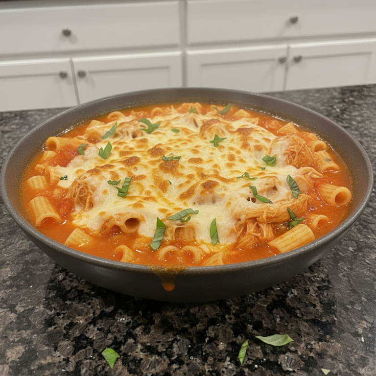 A hearty bowl of creamy chicken parmesan soup topped with fresh basil and melted cheese, ready to be enjoyed.