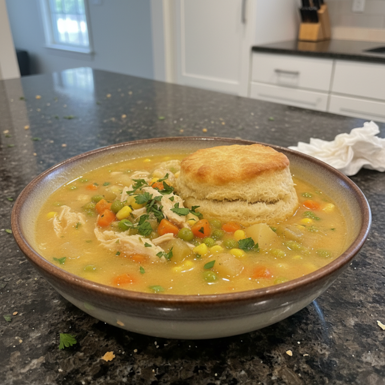 Creamy chicken pot pie soup in a white bowl, garnished with fresh thyme and a flaky biscuit.