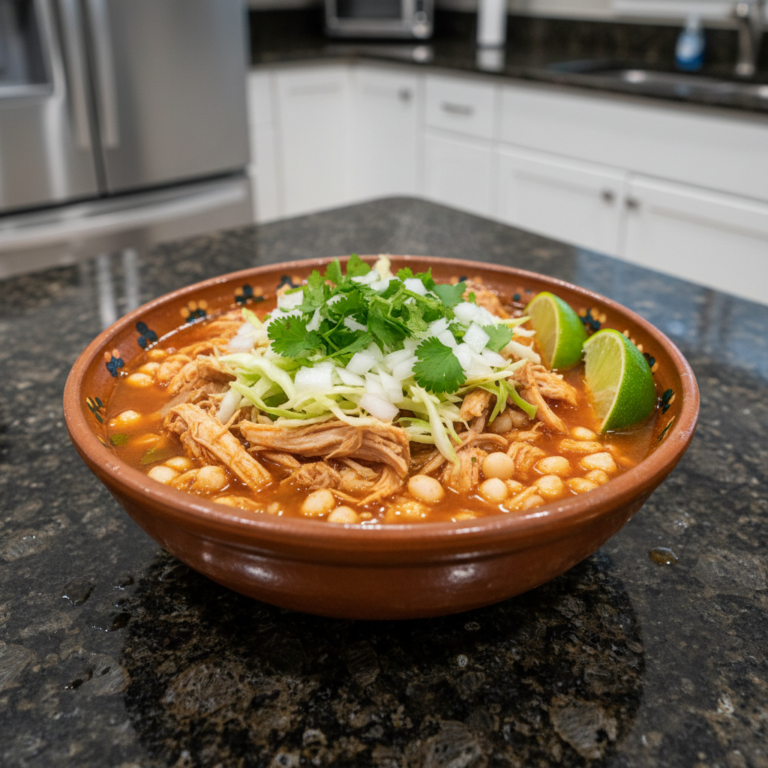 A steaming bowl of chicken pozole recipe, garnished with fresh cilantro, radish slices, and lime wedges.