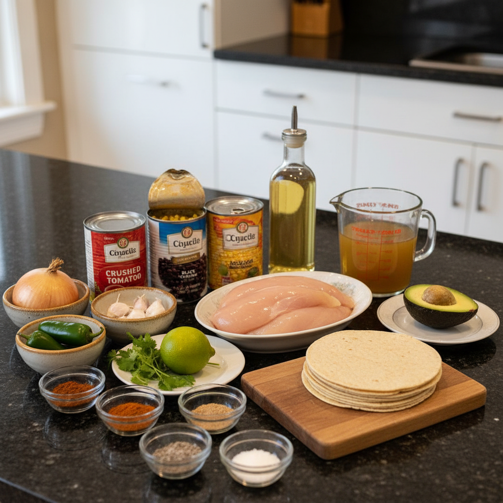 Fresh ingredients for chicken tortilla soup laid out, including diced chicken, tomatoes, corn, onions, and various spices on a wooden board.